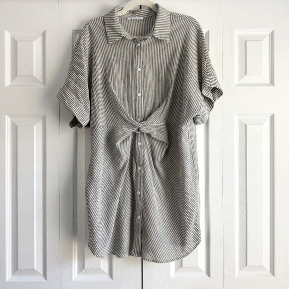 CUPSHE Analia Shirt Dress Size L Charcoal Striped Oversized Cotton Resortwear - Picture 1 of 11